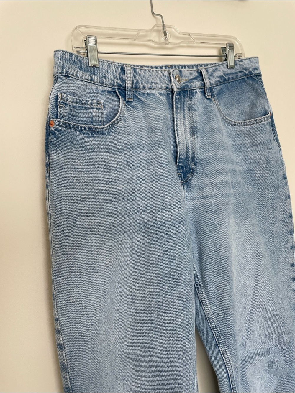 Zara Raw Hem High Rise Straigt Leg Jeans 10 Light Wash 100% Cotton Hidden String - Picture 4 of 11